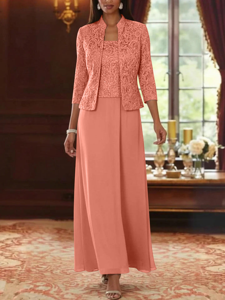 Ensemble 2 pièces mère de la mariée ligne A, mousseline col carré, veste dentelle, manches 3/4, longueur cheville
