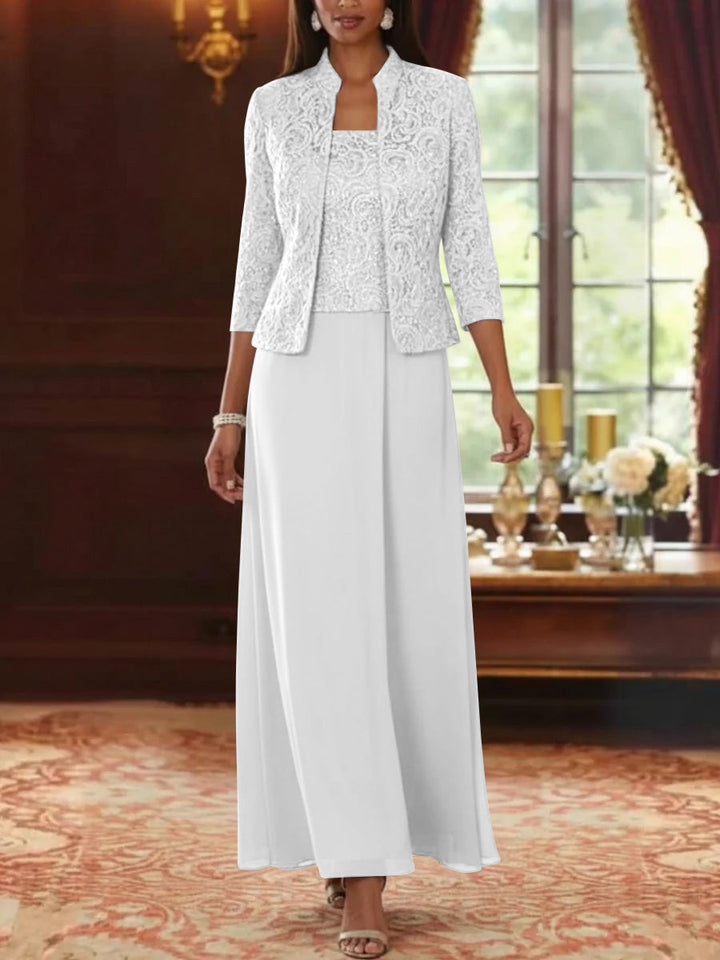 Ensemble 2 pièces mère de la mariée ligne A, mousseline col carré, veste dentelle, manches 3/4, longueur cheville