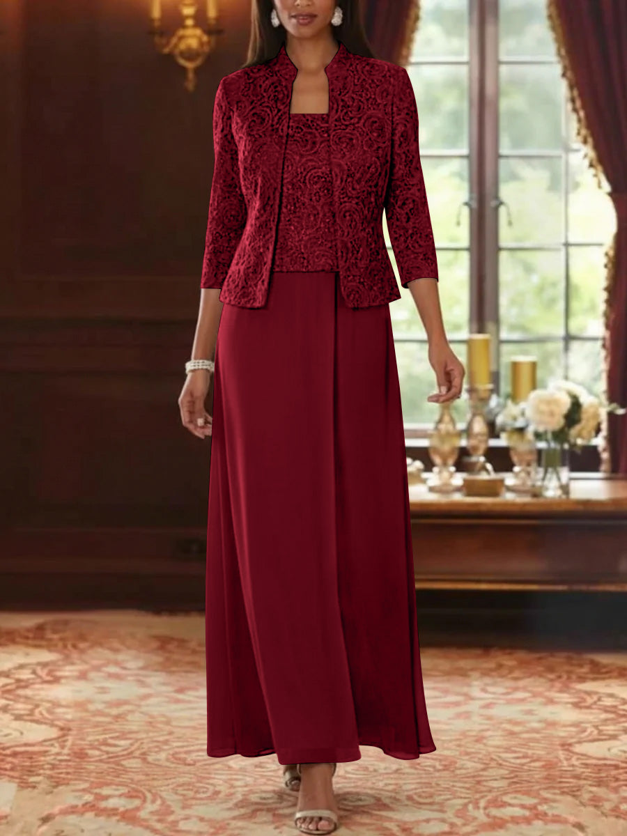 Ensemble 2 pièces mère de la mariée ligne A, mousseline col carré, veste dentelle, manches 3/4, longueur cheville