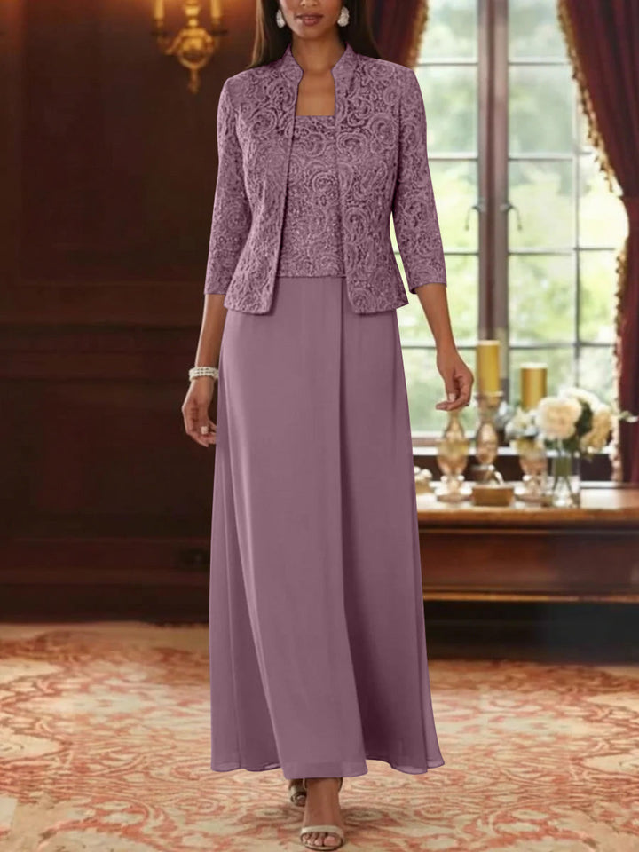 Ensemble 2 pièces mère de la mariée ligne A, mousseline col carré, veste dentelle, manches 3/4, longueur cheville