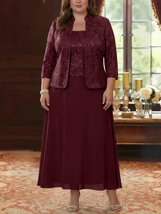 Ensemble 2 pièces mère de la mariée taille plus ligne A, mousseline col carré, veste dentelle, manches 3/4, longueur cheville