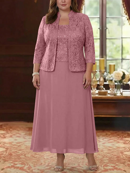 Ensemble 2 pièces mère de la mariée taille plus ligne A, mousseline col carré, veste dentelle, manches 3/4, longueur cheville