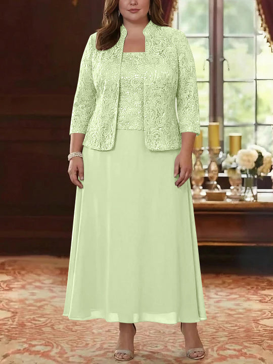 Ensemble 2 pièces mère de la mariée taille plus ligne A, mousseline col carré, veste dentelle, manches 3/4, longueur cheville