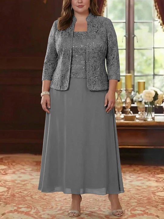 Ensemble 2 pièces mère de la mariée taille plus ligne A, mousseline col carré, veste dentelle, manches 3/4, longueur cheville