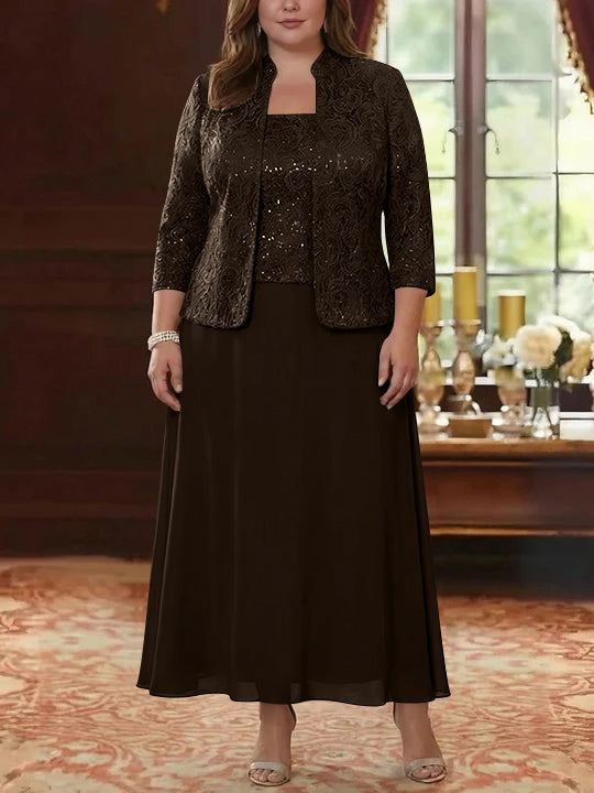 Ensemble 2 pièces mère de la mariée taille plus ligne A, mousseline col carré, veste dentelle, manches 3/4, longueur cheville