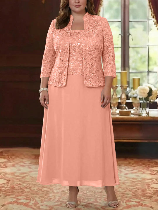 Ensemble 2 pièces mère de la mariée taille plus ligne A, mousseline col carré, veste dentelle, manches 3/4, longueur cheville