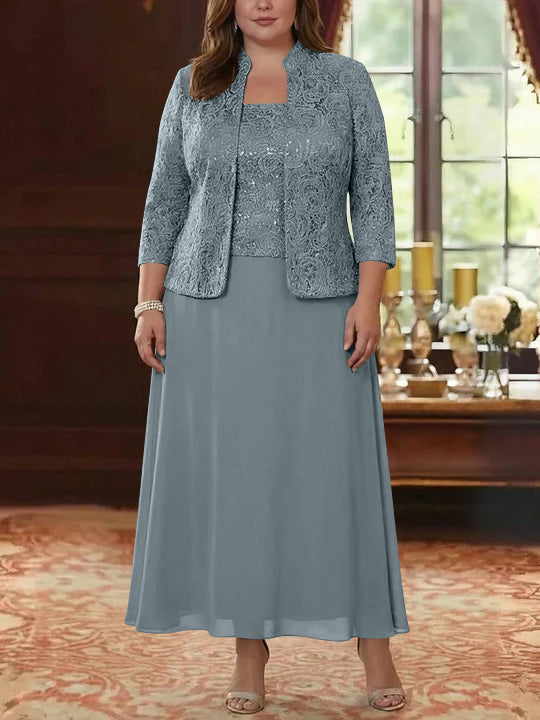 Ensemble 2 pièces mère de la mariée taille plus ligne A, mousseline col carré, veste dentelle, manches 3/4, longueur cheville
