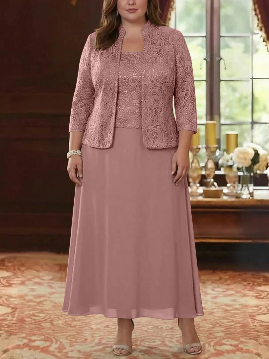 Ensemble 2 pièces mère de la mariée taille plus ligne A, mousseline col carré, veste dentelle, manches 3/4, longueur cheville