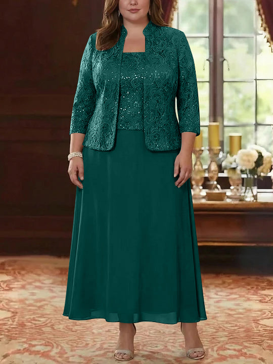 Ensemble 2 pièces mère de la mariée taille plus ligne A, mousseline col carré, veste dentelle, manches 3/4, longueur cheville
