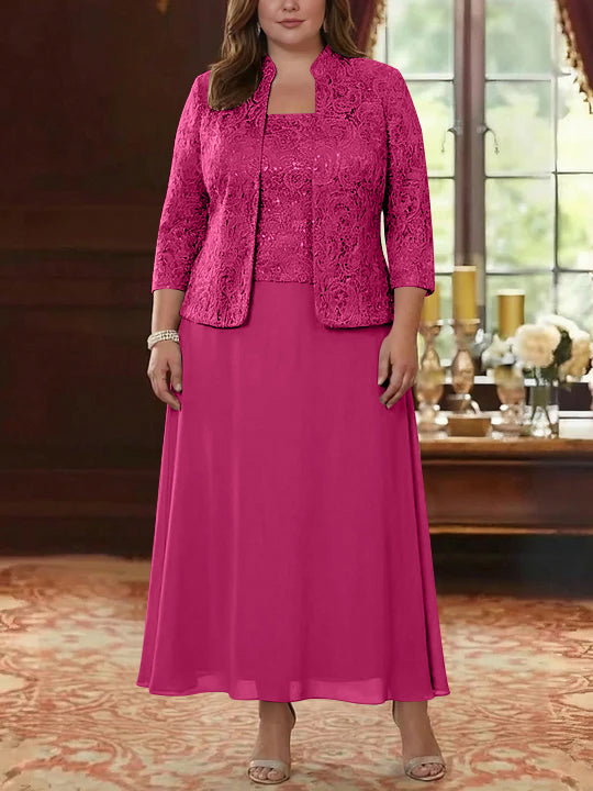 Ensemble 2 pièces mère de la mariée taille plus ligne A, mousseline col carré, veste dentelle, manches 3/4, longueur cheville