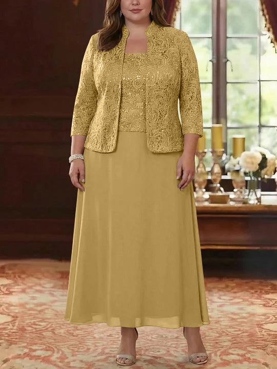 Ensemble 2 pièces mère de la mariée taille plus ligne A, mousseline col carré, veste dentelle, manches 3/4, longueur cheville