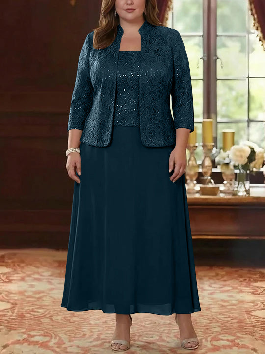 Ensemble 2 pièces mère de la mariée taille plus ligne A, mousseline col carré, veste dentelle, manches 3/4, longueur cheville
