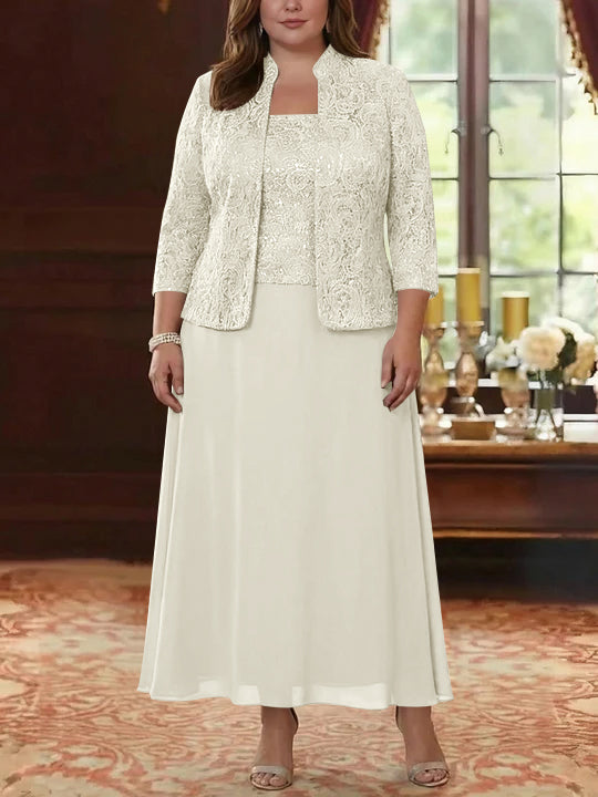 Ensemble 2 pièces mère de la mariée taille plus ligne A, mousseline col carré, veste dentelle, manches 3/4, longueur cheville