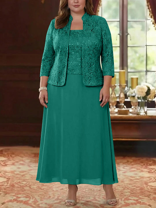 Ensemble 2 pièces mère de la mariée taille plus ligne A, mousseline col carré, veste dentelle, manches 3/4, longueur cheville