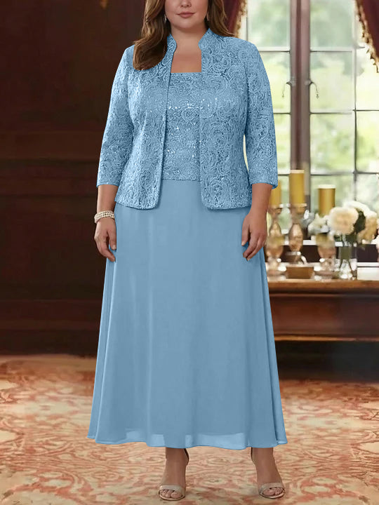Ensemble 2 pièces mère de la mariée taille plus ligne A, mousseline col carré, veste dentelle, manches 3/4, longueur cheville