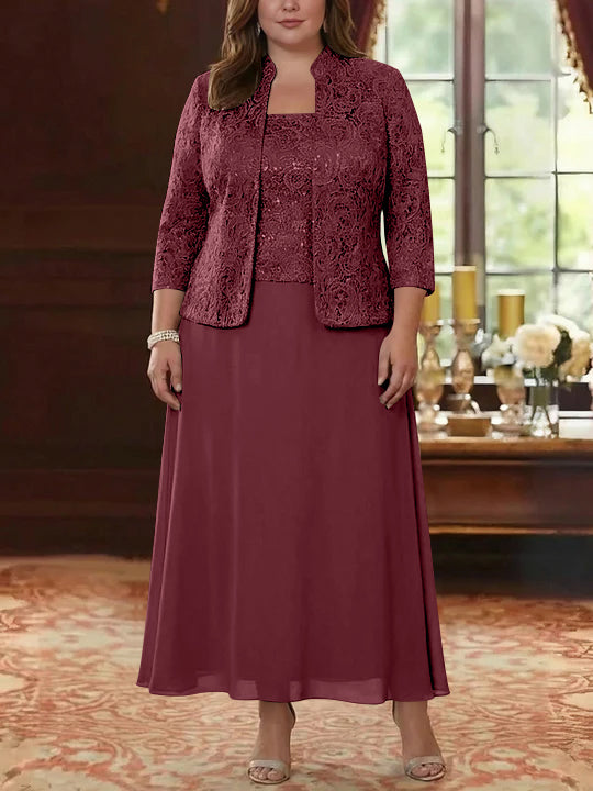 Ensemble 2 pièces mère de la mariée taille plus ligne A, mousseline col carré, veste dentelle, manches 3/4, longueur cheville