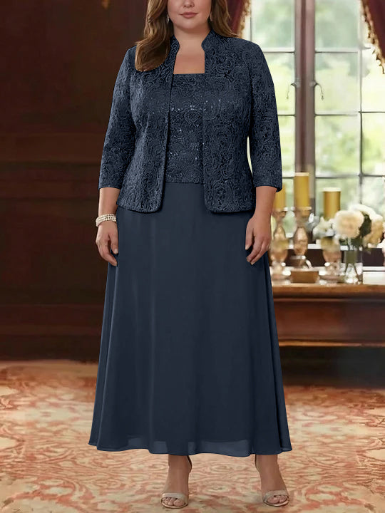 Ensemble 2 pièces mère de la mariée taille plus ligne A, mousseline col carré, veste dentelle, manches 3/4, longueur cheville