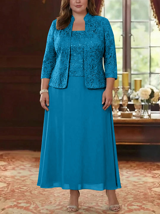 Ensemble 2 pièces mère de la mariée taille plus ligne A, mousseline col carré, veste dentelle, manches 3/4, longueur cheville