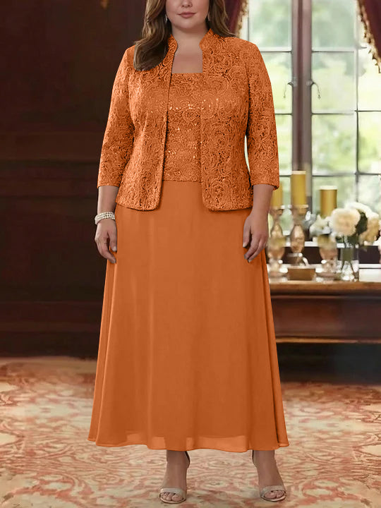 Ensemble 2 pièces mère de la mariée taille plus ligne A, mousseline col carré, veste dentelle, manches 3/4, longueur cheville