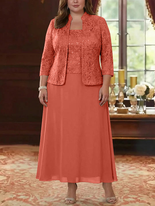 Ensemble 2 pièces mère de la mariée taille plus ligne A, mousseline col carré, veste dentelle, manches 3/4, longueur cheville