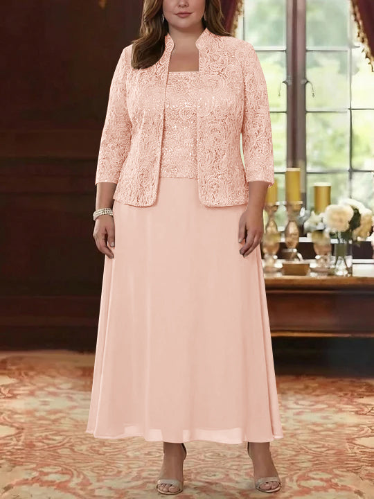 Ensemble 2 pièces mère de la mariée taille plus ligne A, mousseline col carré, veste dentelle, manches 3/4, longueur cheville
