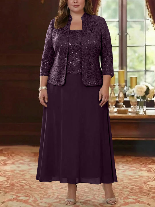 Ensemble 2 pièces mère de la mariée taille plus ligne A, mousseline col carré, veste dentelle, manches 3/4, longueur cheville