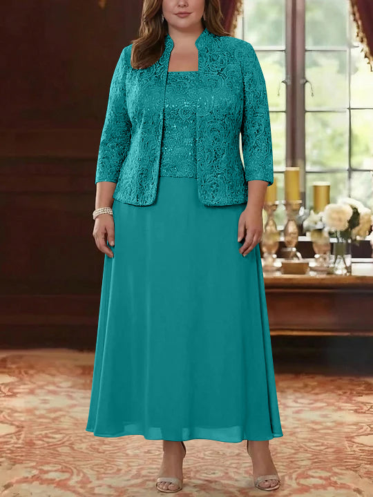 Ensemble 2 pièces mère de la mariée taille plus ligne A, mousseline col carré, veste dentelle, manches 3/4, longueur cheville