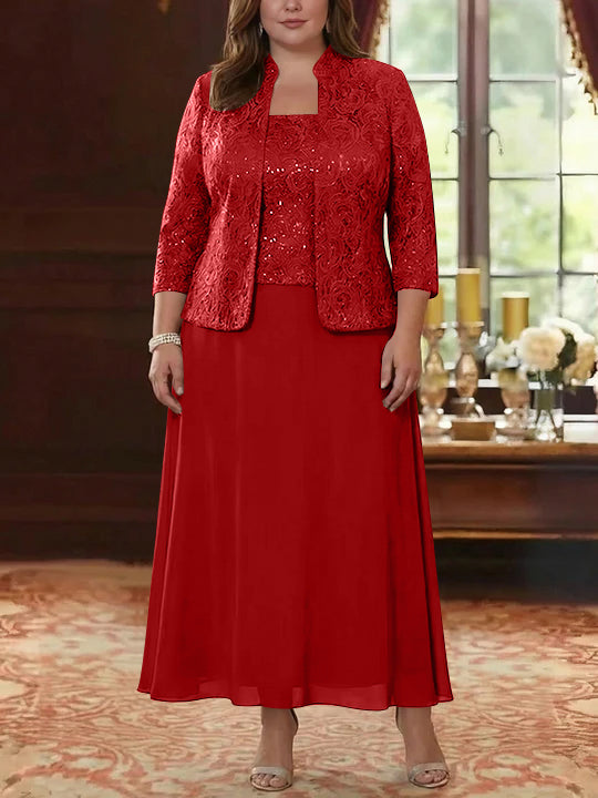 Ensemble 2 pièces mère de la mariée taille plus ligne A, mousseline col carré, veste dentelle, manches 3/4, longueur cheville