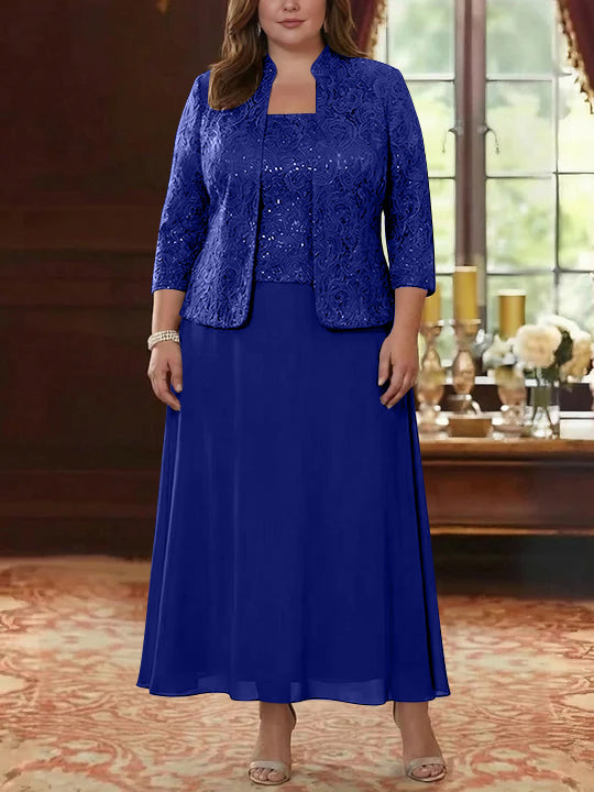 Ensemble 2 pièces mère de la mariée taille plus ligne A, mousseline col carré, veste dentelle, manches 3/4, longueur cheville
