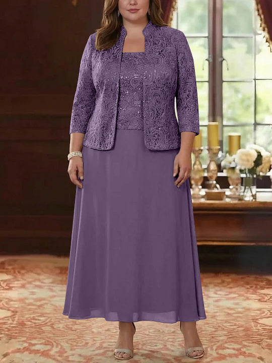 Ensemble 2 pièces mère de la mariée taille plus ligne A, mousseline col carré, veste dentelle, manches 3/4, longueur cheville