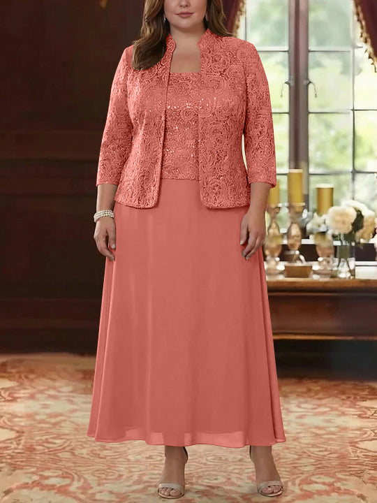 Ensemble 2 pièces mère de la mariée taille plus ligne A, mousseline col carré, veste dentelle, manches 3/4, longueur cheville