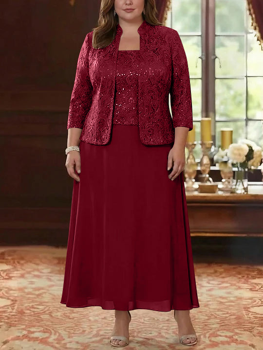Ensemble 2 pièces mère de la mariée taille plus ligne A, mousseline col carré, veste dentelle, manches 3/4, longueur cheville