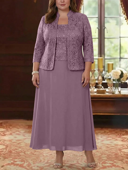 Ensemble 2 pièces mère de la mariée taille plus ligne A, mousseline col carré, veste dentelle, manches 3/4, longueur cheville