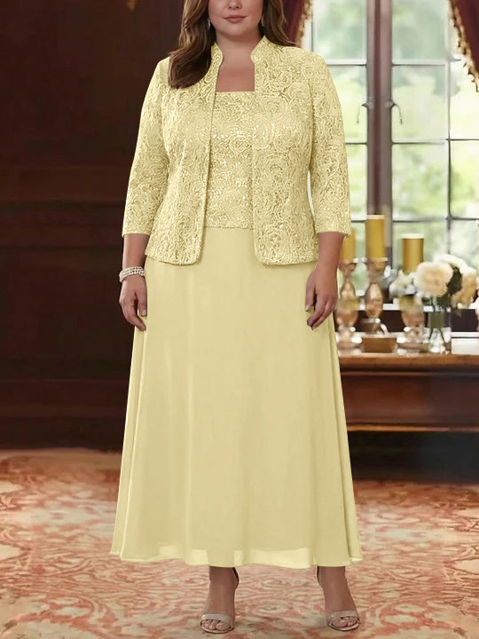 Ensemble 2 pièces mère de la mariée taille plus ligne A, mousseline col carré, veste dentelle, manches 3/4, longueur cheville