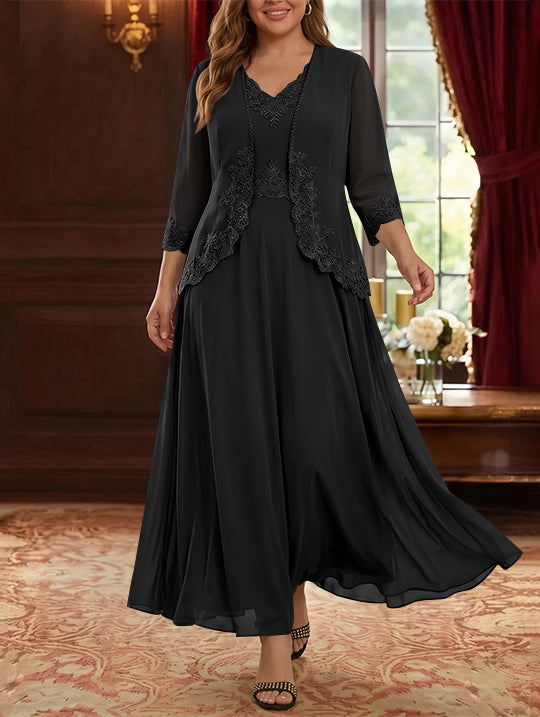 Robe Mère de la Mariée, 2 Pièces, Grande Taille, Ligne A/Princesse, Col en V, Manches 3/4, Longueur de la Cheville, Mousseline, Dentelle