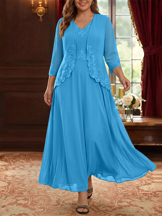Robe Mère de la Mariée, 2 Pièces, Grande Taille, Ligne A/Princesse, Col en V, Manches 3/4, Longueur de la Cheville, Mousseline, Dentelle