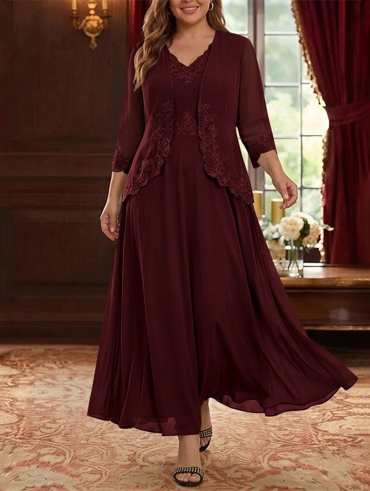 Robe Mère de la Mariée, 2 Pièces, Grande Taille, Ligne A/Princesse, Col en V, Manches 3/4, Longueur de la Cheville, Mousseline, Dentelle