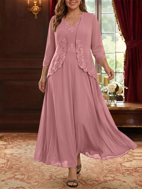 Robe Mère de la Mariée, 2 Pièces, Grande Taille, Ligne A/Princesse, Col en V, Manches 3/4, Longueur de la Cheville, Mousseline, Dentelle