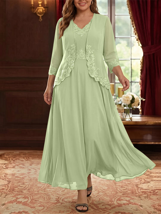 Robe Mère de la Mariée, 2 Pièces, Grande Taille, Ligne A/Princesse, Col en V, Manches 3/4, Longueur de la Cheville, Mousseline, Dentelle