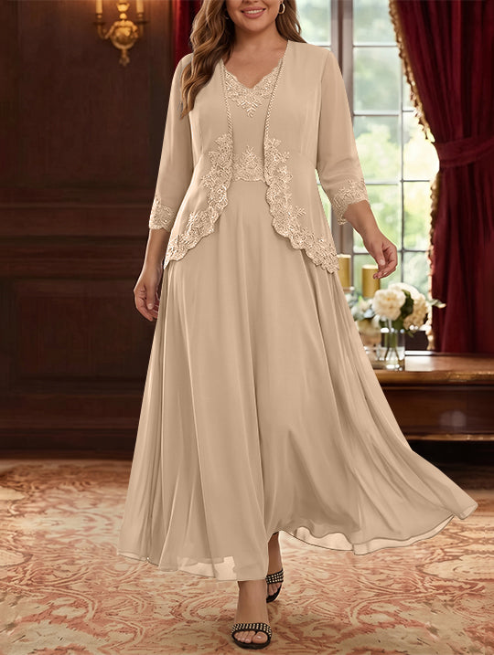 Robe Mère de la Mariée, 2 Pièces, Grande Taille, Ligne A/Princesse, Col en V, Manches 3/4, Longueur de la Cheville, Mousseline, Dentelle