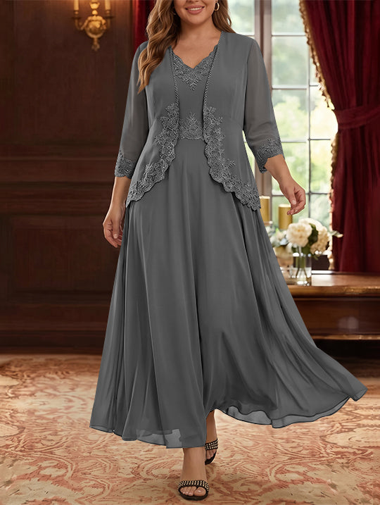Robe Mère de la Mariée, 2 Pièces, Grande Taille, Ligne A/Princesse, Col en V, Manches 3/4, Longueur de la Cheville, Mousseline, Dentelle