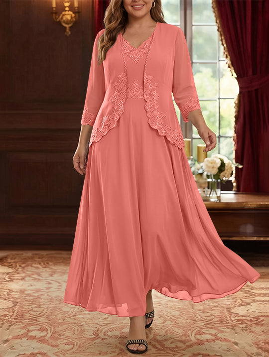 Robe Mère de la Mariée, 2 Pièces, Grande Taille, Ligne A/Princesse, Col en V, Manches 3/4, Longueur de la Cheville, Mousseline, Dentelle
