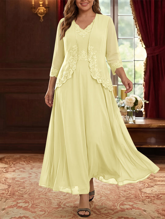 Robe Mère de la Mariée, 2 Pièces, Grande Taille, Ligne A/Princesse, Col en V, Manches 3/4, Longueur de la Cheville, Mousseline, Dentelle
