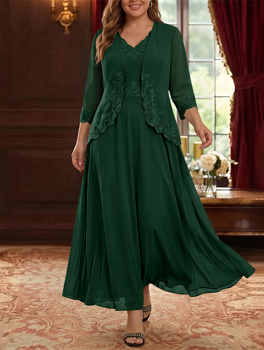 Robe Mère de la Mariée, 2 Pièces, Grande Taille, Ligne A/Princesse, Col en V, Manches 3/4, Longueur de la Cheville, Mousseline, Dentelle