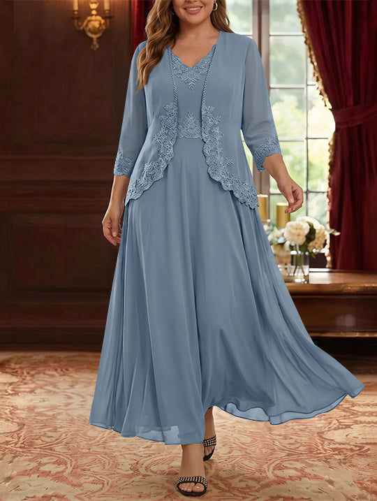 Robe Mère de la Mariée, 2 Pièces, Grande Taille, Ligne A/Princesse, Col en V, Manches 3/4, Longueur de la Cheville, Mousseline, Dentelle