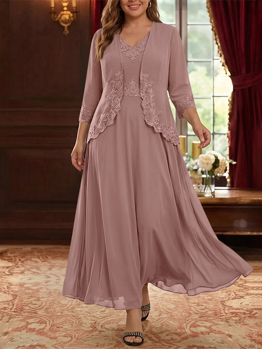Robe Mère de la Mariée, 2 Pièces, Grande Taille, Ligne A/Princesse, Col en V, Manches 3/4, Longueur de la Cheville, Mousseline, Dentelle