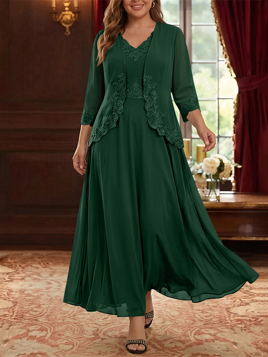 Robe Mère de la Mariée, 2 Pièces, Grande Taille, Ligne A/Princesse, Col en V, Manches 3/4, Longueur de la Cheville, Mousseline, Dentelle