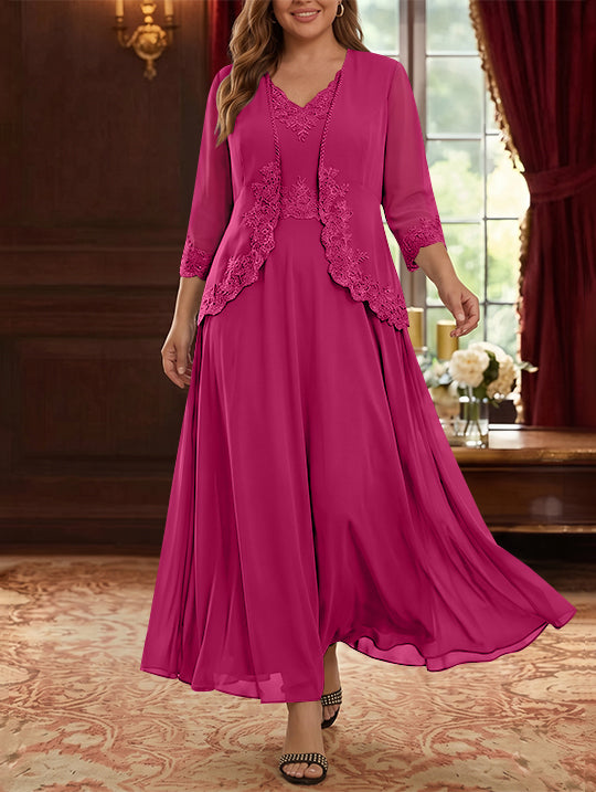 Robe Mère de la Mariée, 2 Pièces, Grande Taille, Ligne A/Princesse, Col en V, Manches 3/4, Longueur de la Cheville, Mousseline, Dentelle