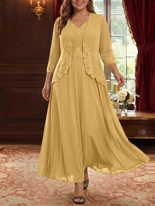 Robe Mère de la Mariée, 2 Pièces, Grande Taille, Ligne A/Princesse, Col en V, Manches 3/4, Longueur de la Cheville, Mousseline, Dentelle