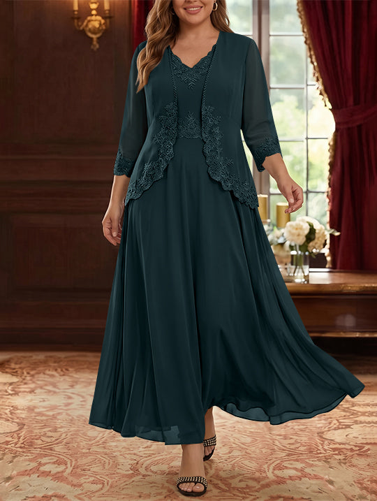 Robe Mère de la Mariée, 2 Pièces, Grande Taille, Ligne A/Princesse, Col en V, Manches 3/4, Longueur de la Cheville, Mousseline, Dentelle
